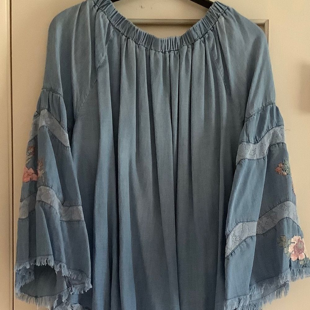 DENIM Blue HIGH-LOW EMBROIDERED LACED SLEEVES OFF-ON OPEN SHOULDER TOP﻿